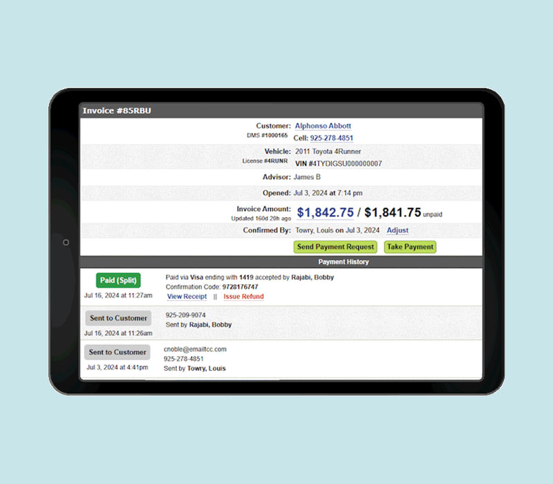 Split a payment on a dealership service ticket payment
