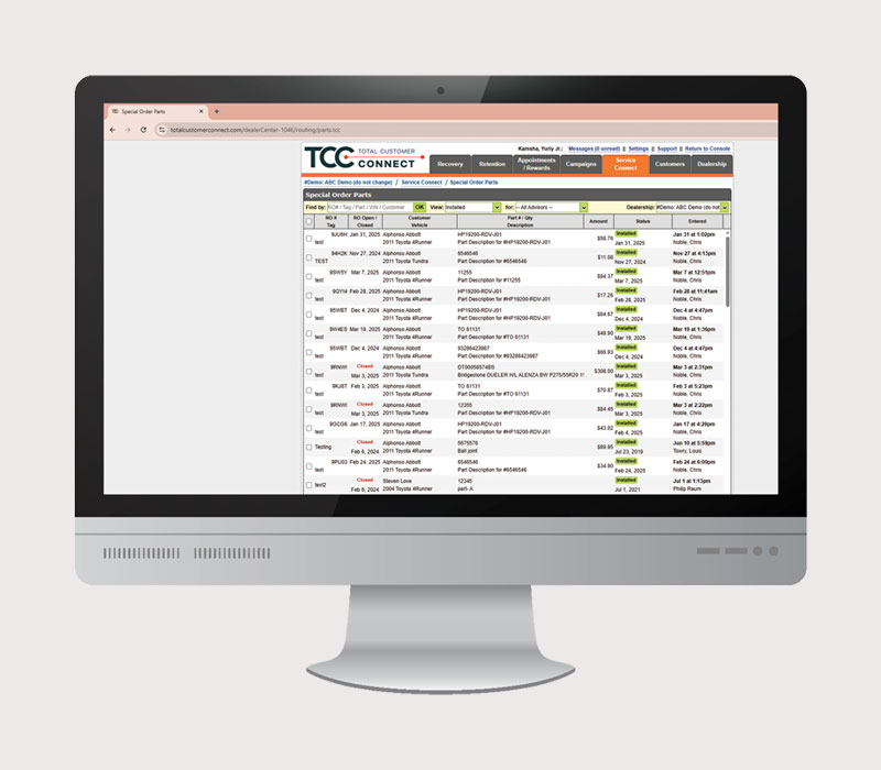 Dealership Special Order Parts Tracking and Reporting