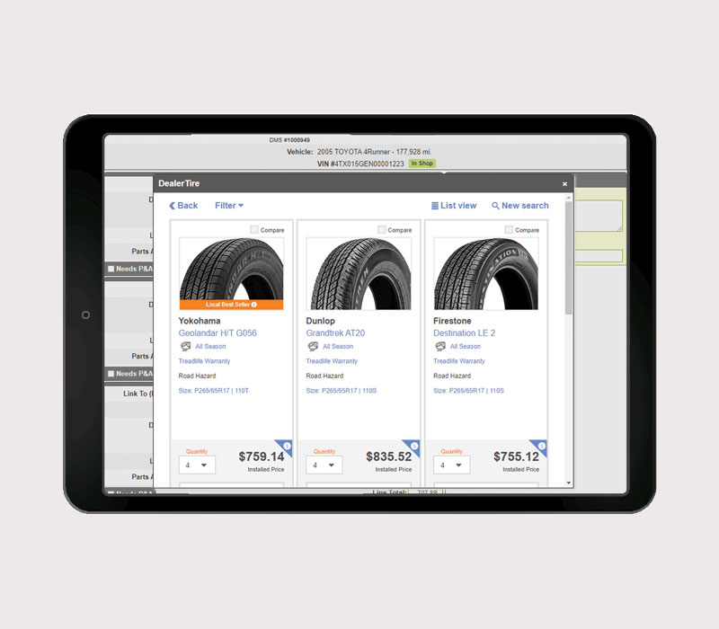 Service Lane Check IN present tire options at write up or in service drive